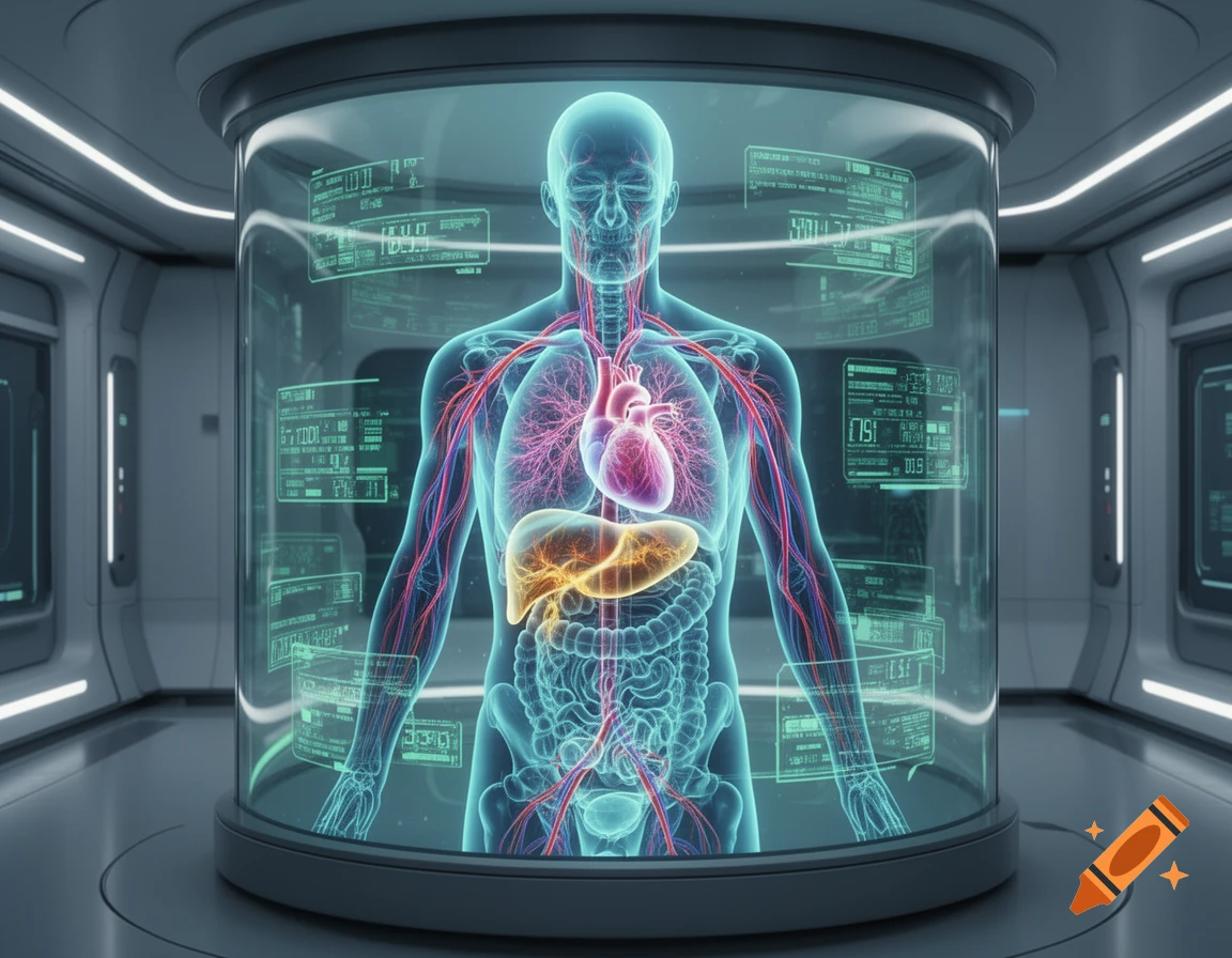 Futuristic holographic x-ray of a human showing internal organs in a glass tube within a high-tech lab.