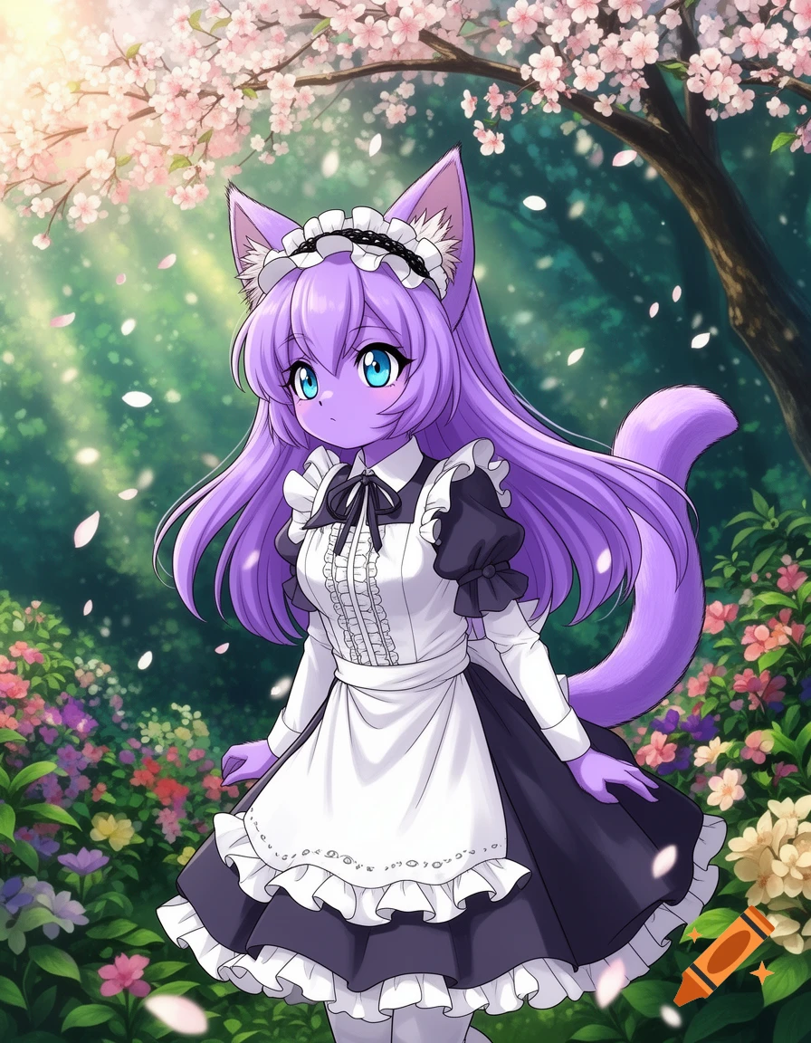 An anime cat girl with purple hair and fur, wearing a maid dress, stands amidst cherry blossoms and colorful flowers.