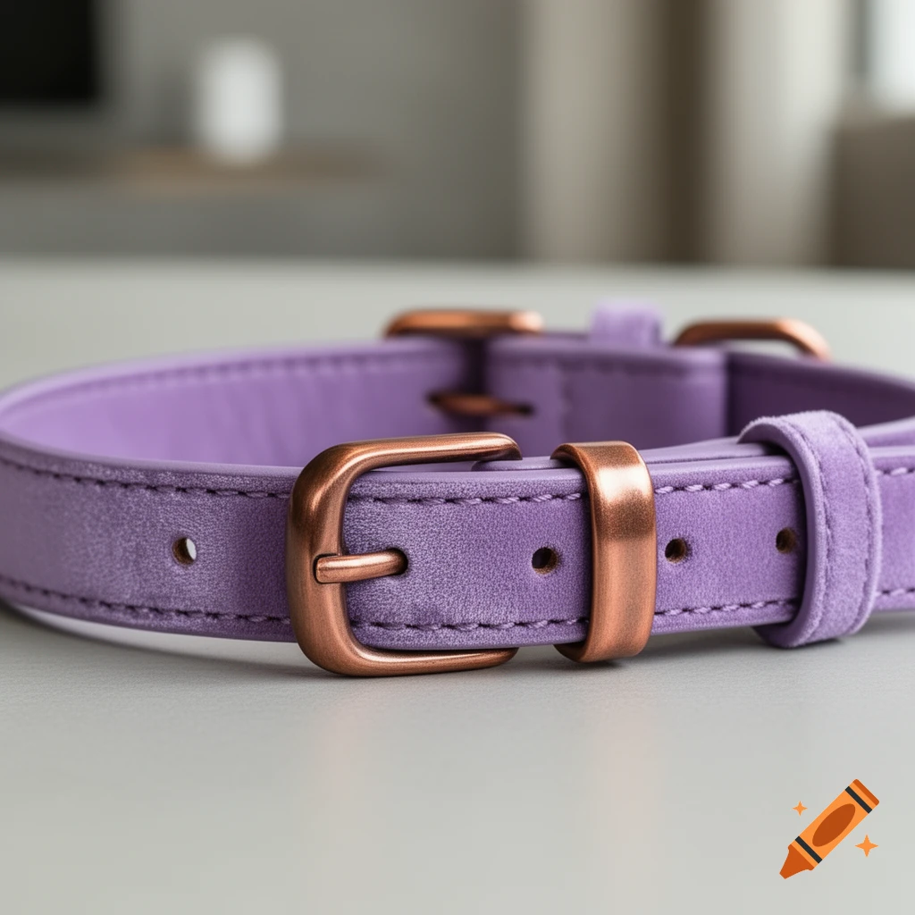 Close-up of a lavender leather dog collar with bronze buckles and stitching on a light surface.