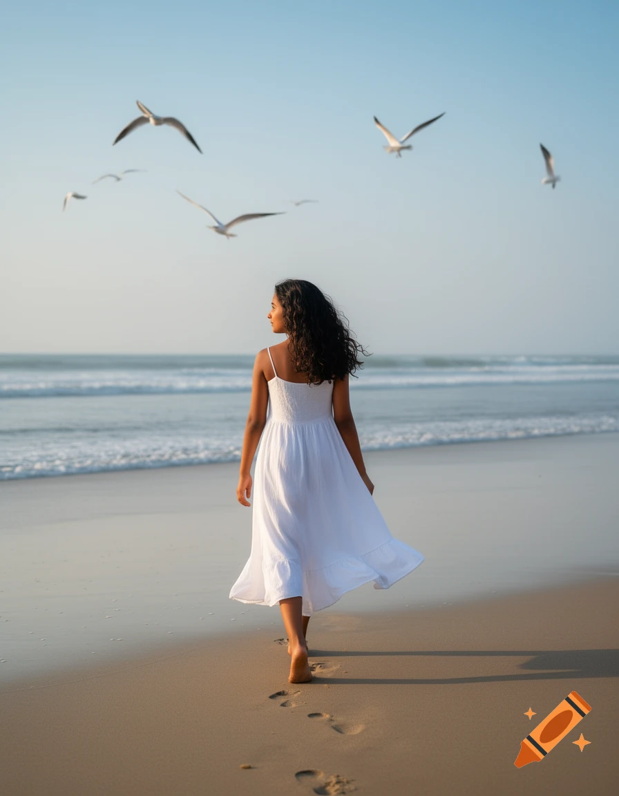 A photorealistic image of an Indian girl in a white dress walking barefoot on a sandy beach, looking out at the ocean with seagulls flying above.