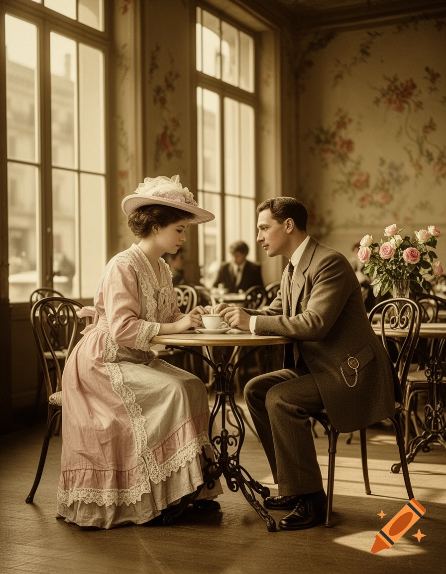 A man and woman in vintage attire sit at a table in a sepia-toned cafe, looking at each other, with a bouquet of pink roses.