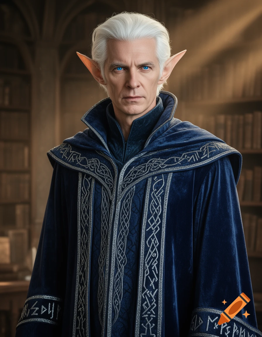 A serious-looking white-haired man with pointed ears and blue eyes, wearing an ornate blue wizard robe, stands in a library.