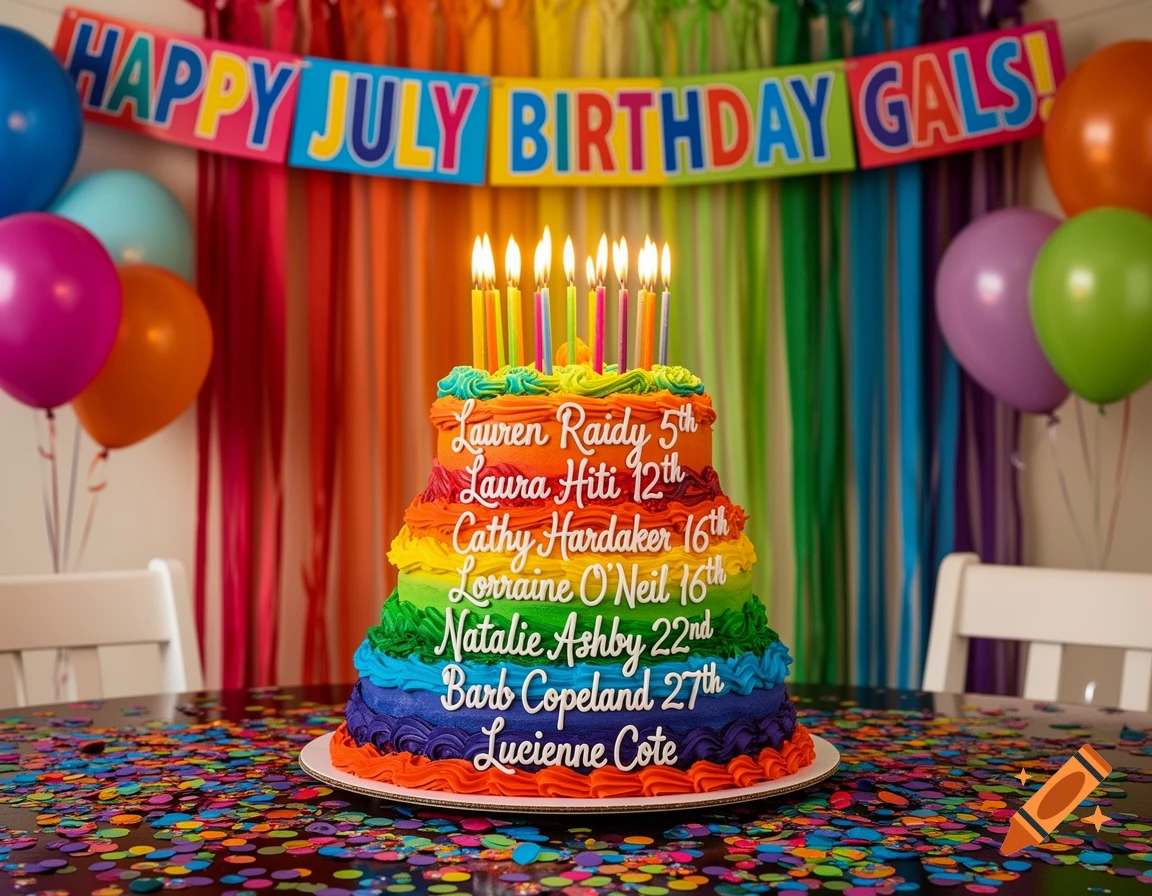 A colorful tiered birthday cake with lit candles and a list of names and dates sits on a table covered in confetti. A banner reads "HAPPY JULY BIRTHDAY GALS!" and balloons are in the background.