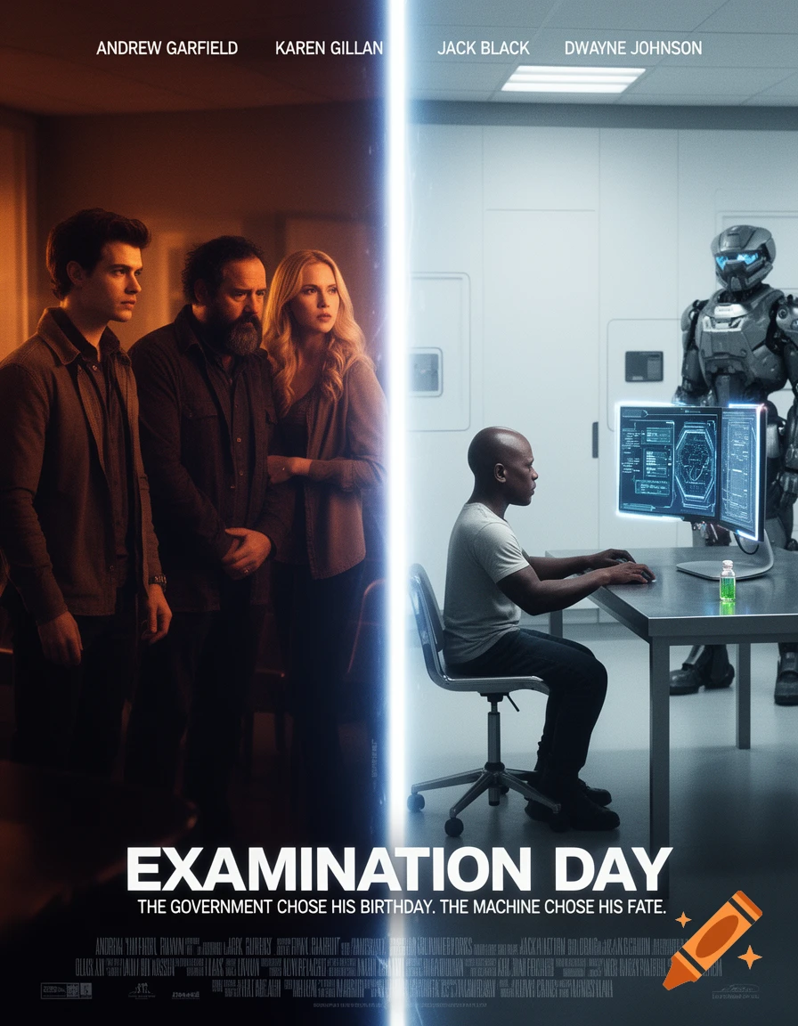 A dystopian sci-fi movie poster for "EXAMINATION DAY." On the left, worried Andrew Garfield, Jack Black, and Karen Gillan stand in a dim room. On the right, a child-like Dwayne Johnson sits at a computer in a futuristic exam room with a robot guard. A bright vertical light separates the two scenes.