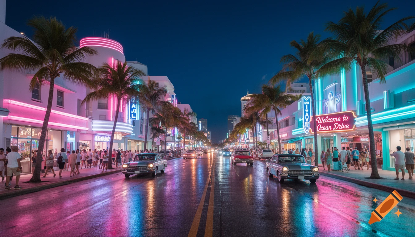 Neon-lit Ocean Drive in Miami at night, with palm trees, classic cars, pedestrians, and reflections on a wet street.