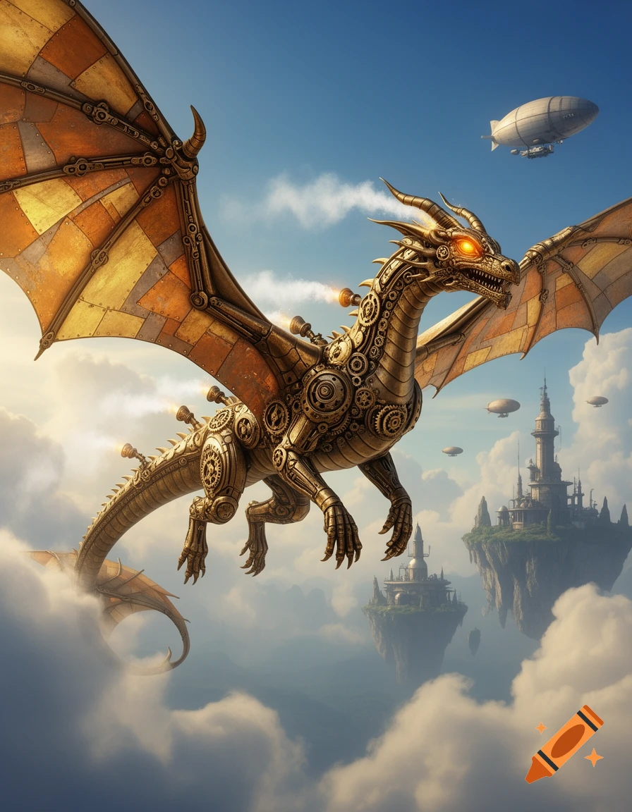 A detailed golden steampunk dragon with intricate gears and glowing eyes flies over clouds, with floating islands and airships in the distance.
