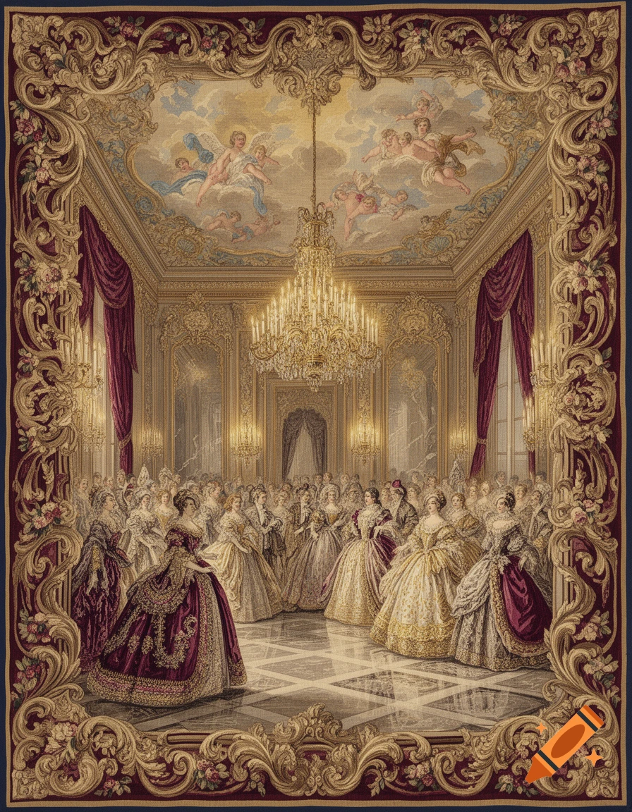 Vintage baroque illustration of an ornate ballroom with many elaborately dressed figures, a grand chandelier, and cherub frescoes.