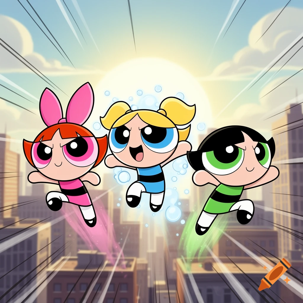 The Powerpuff Girls, Blossom, Bubbles, and Buttercup, fly over a city with speed lines and a bright sun in the background, in a cartoon style.