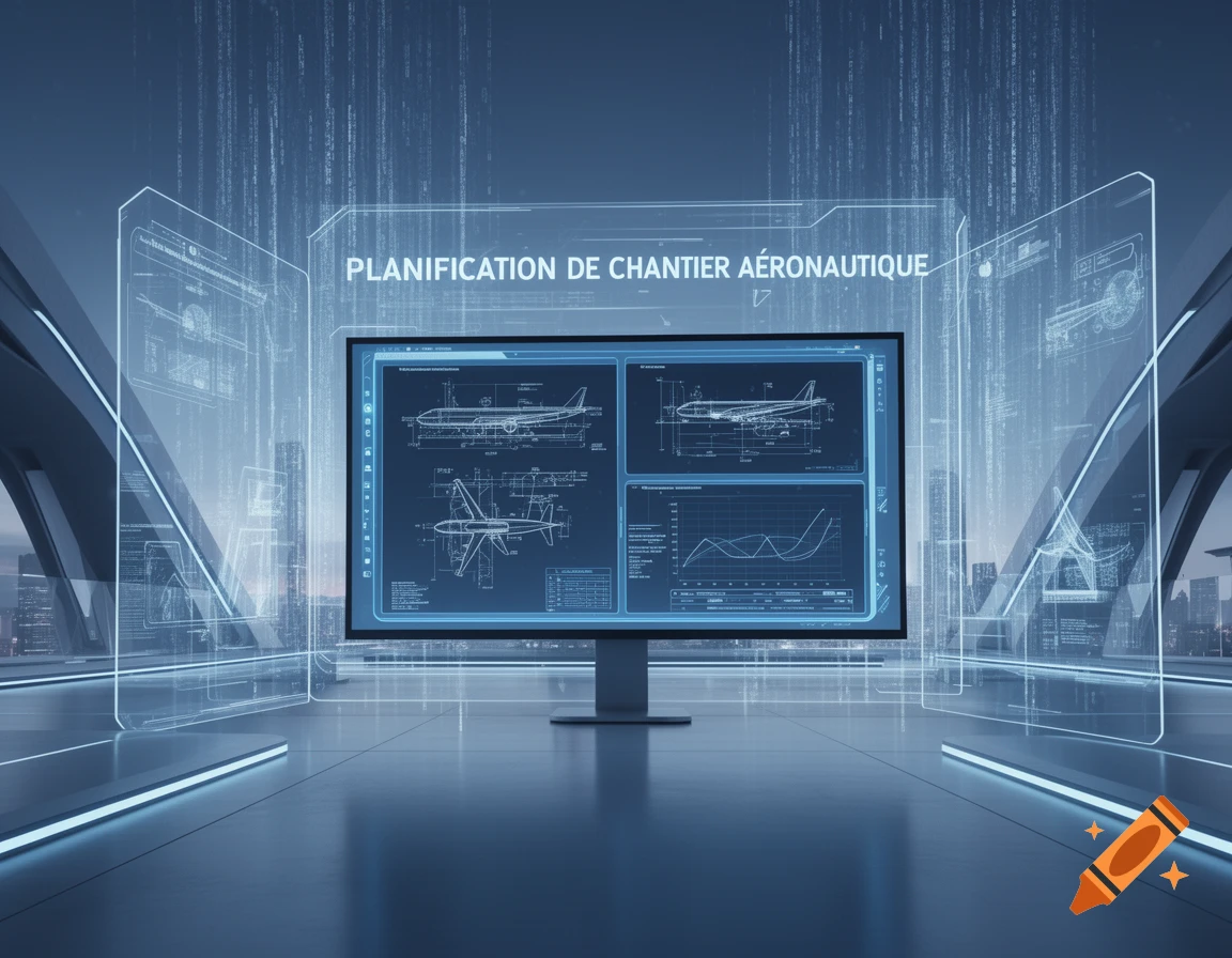 Futuristic control room with a large screen displaying airplane blueprints and data, glowing holographic interfaces.