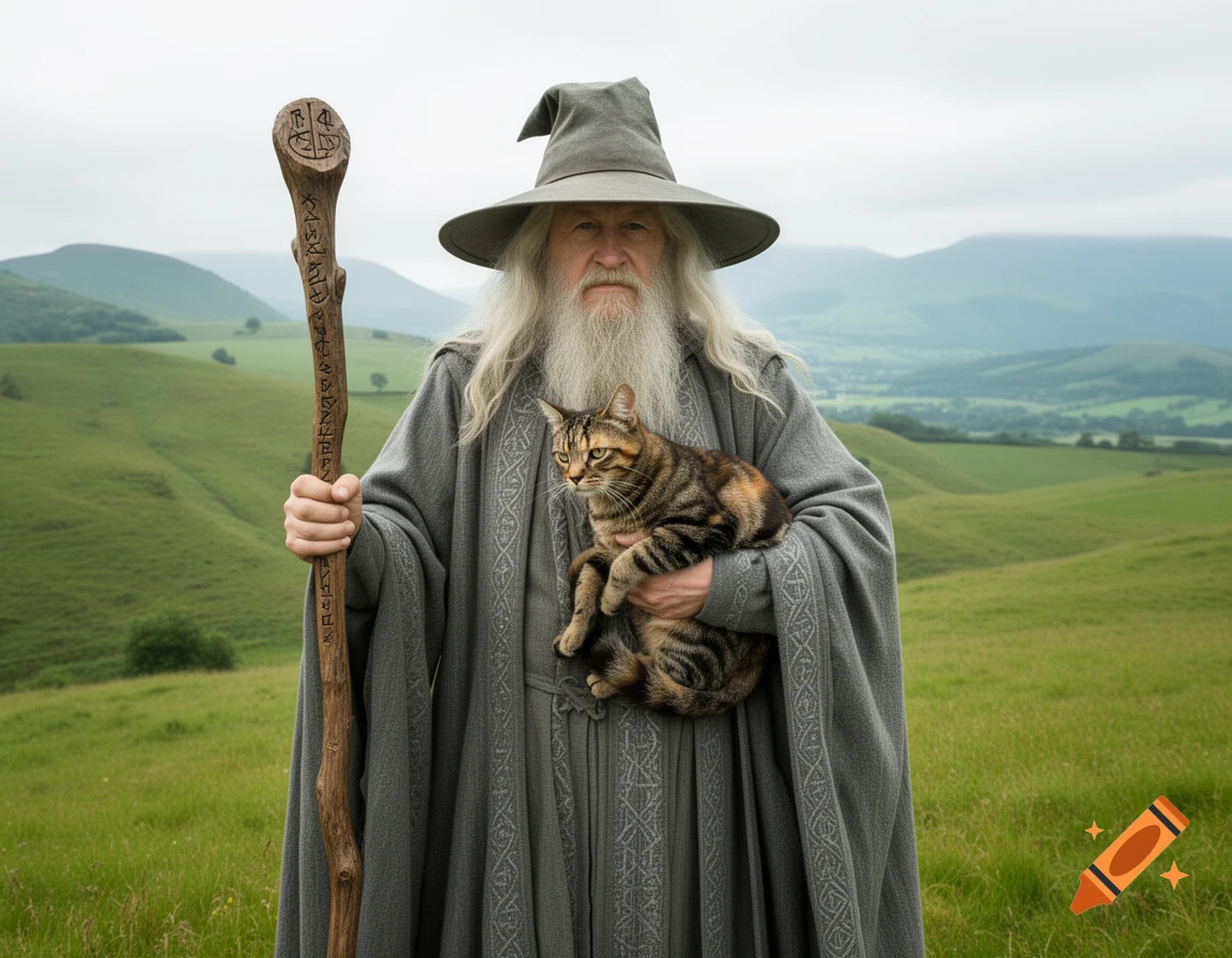 Gandalf, a wizard in grey robes and hat, holds a tabby cat in his arms while standing in a green, hilly field.