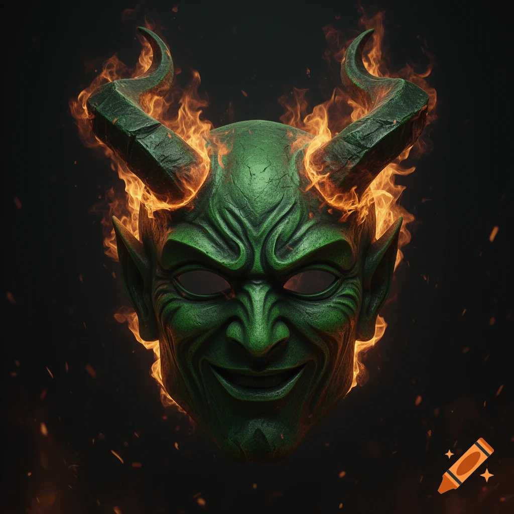 A menacing green devil mask with large horns, engulfed in bright orange flames, against a dark, smoky background.
