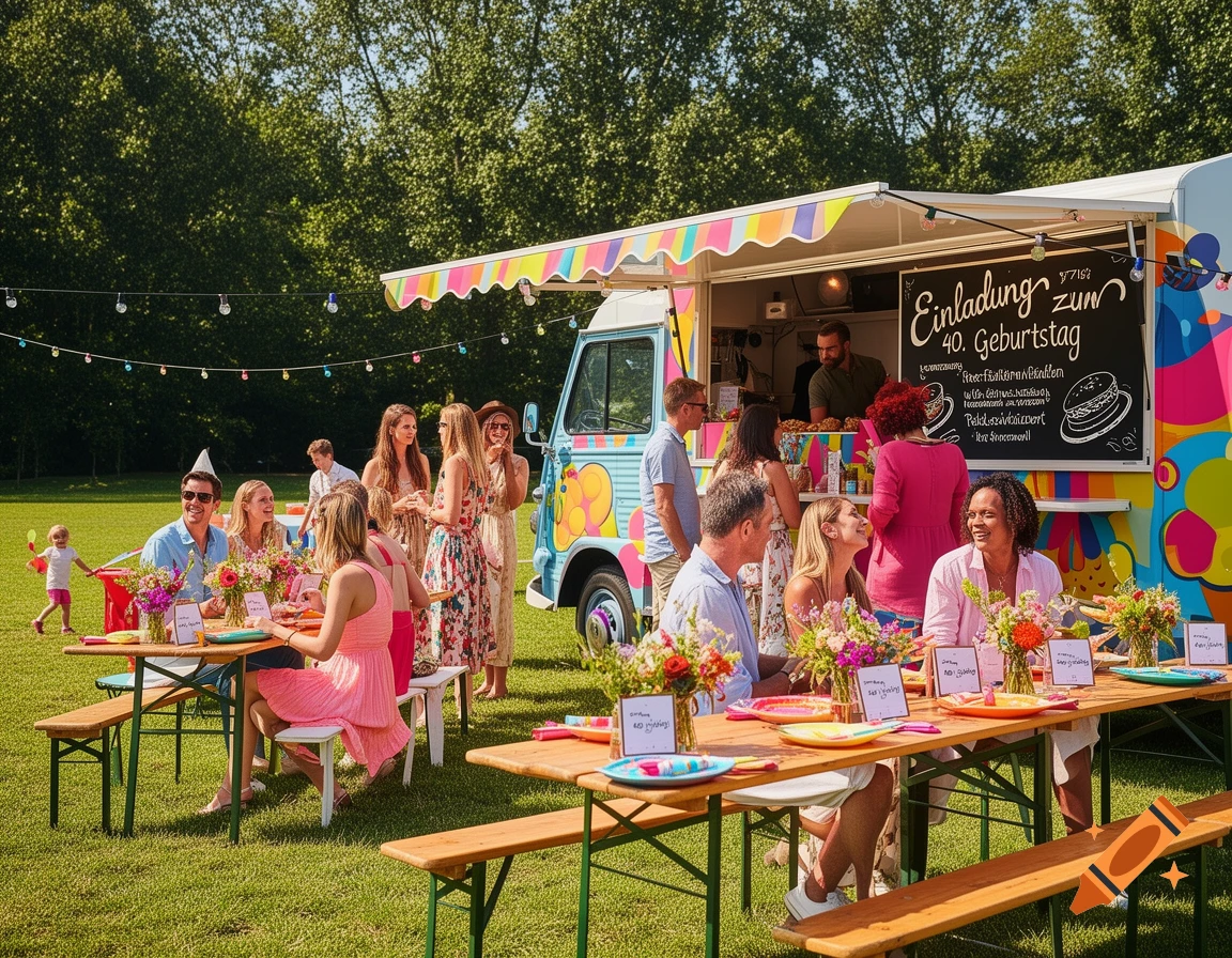 A diverse group of people celebrating a 40th birthday outdoors, gathered around a colorful food truck and wooden picnic tables decorated with flowers, on a sunny day.