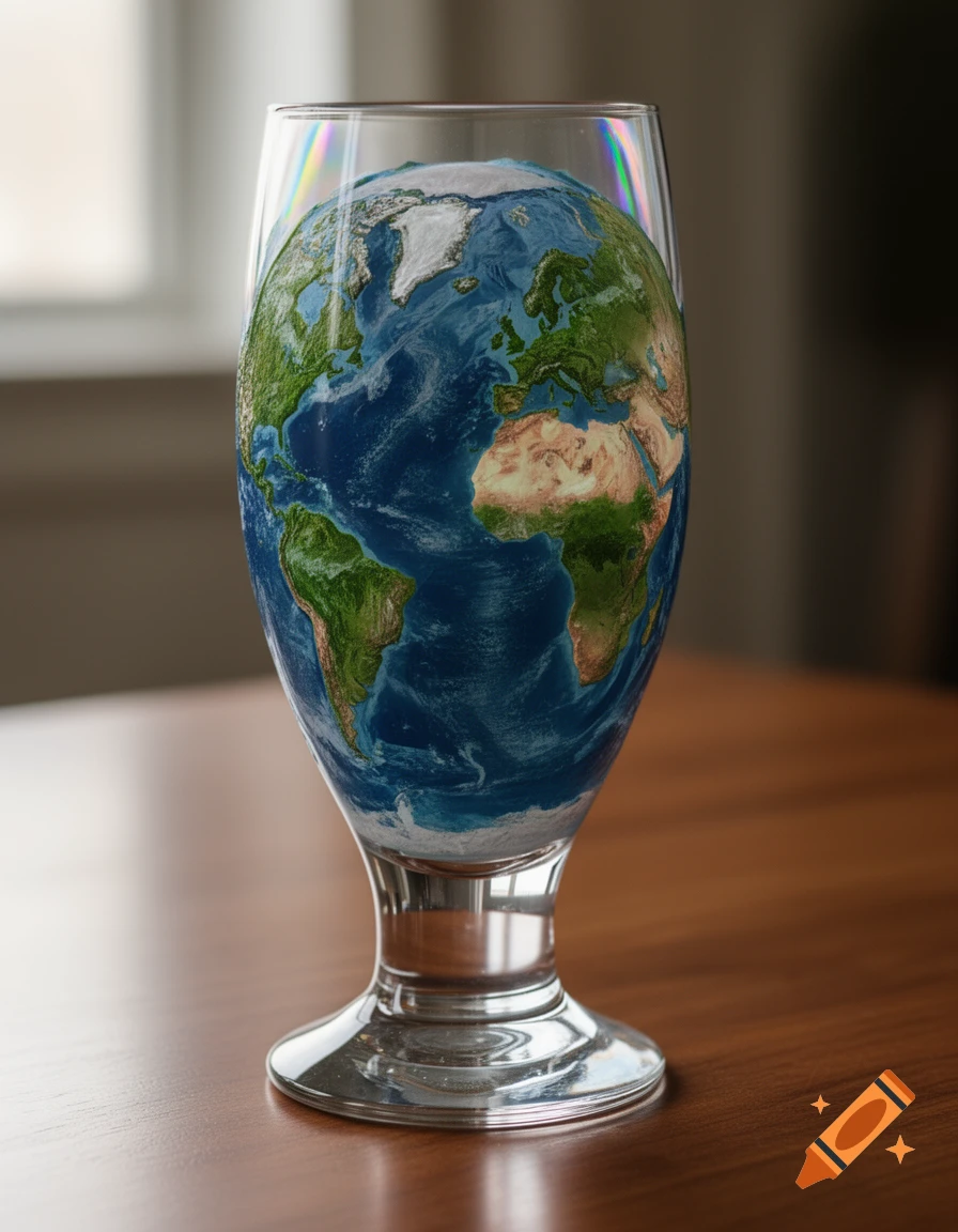 A photorealistic image of the Earth in the shape of a globe inside a drinking glass, sitting on a wooden table.