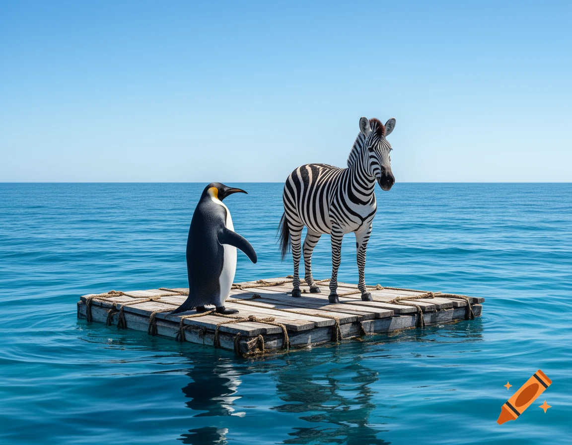 A photorealistic image of a penguin and a zebra floating on a wooden raft in the middle of a clear blue ocean.
