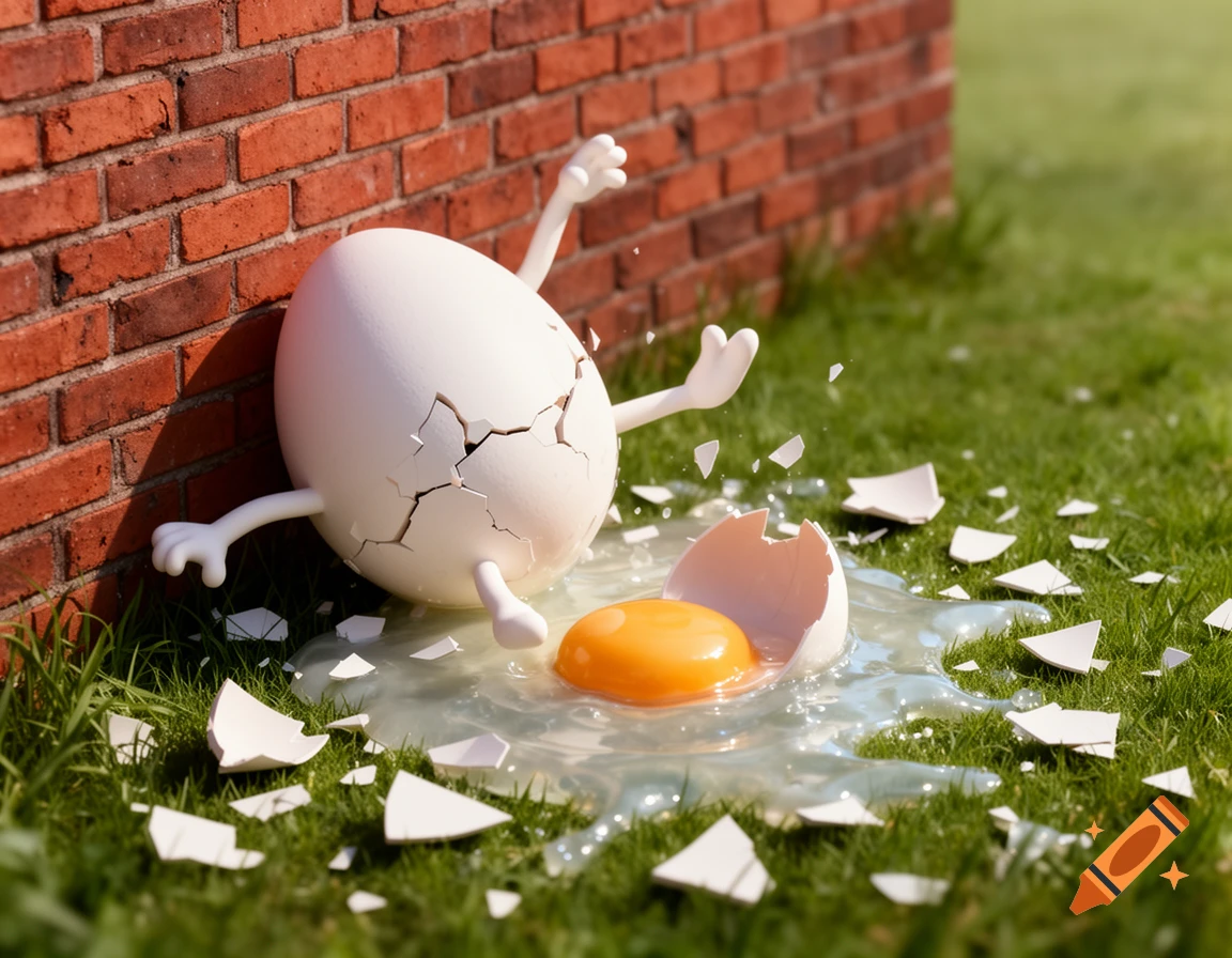 A broken Humpty Dumpty egg character with splayed limbs lies on green grass, yolk spilling, next to a brick wall.