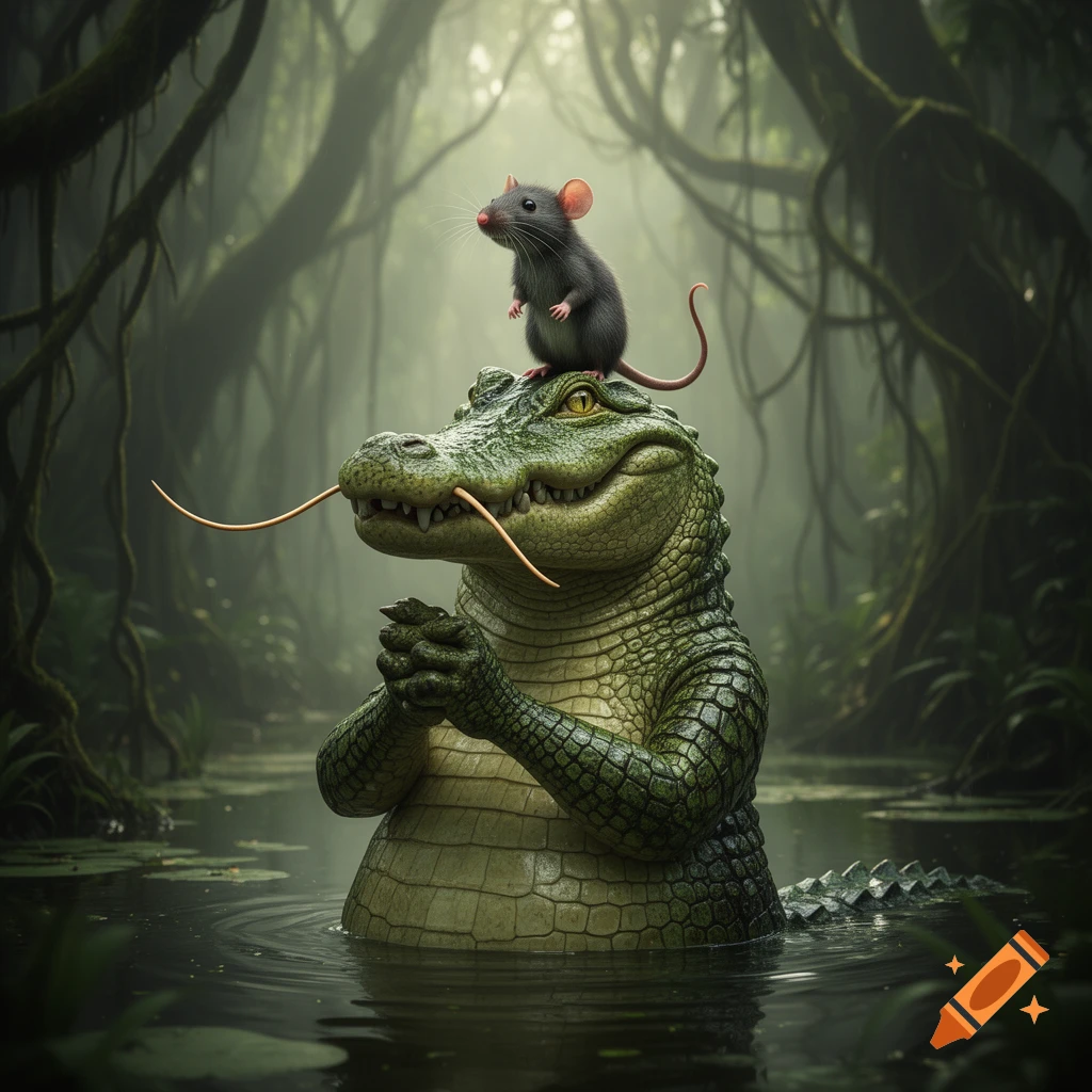 A small rat stands on the head of a smiling, scheming crocodile with a long mustache in a misty jungle swamp.