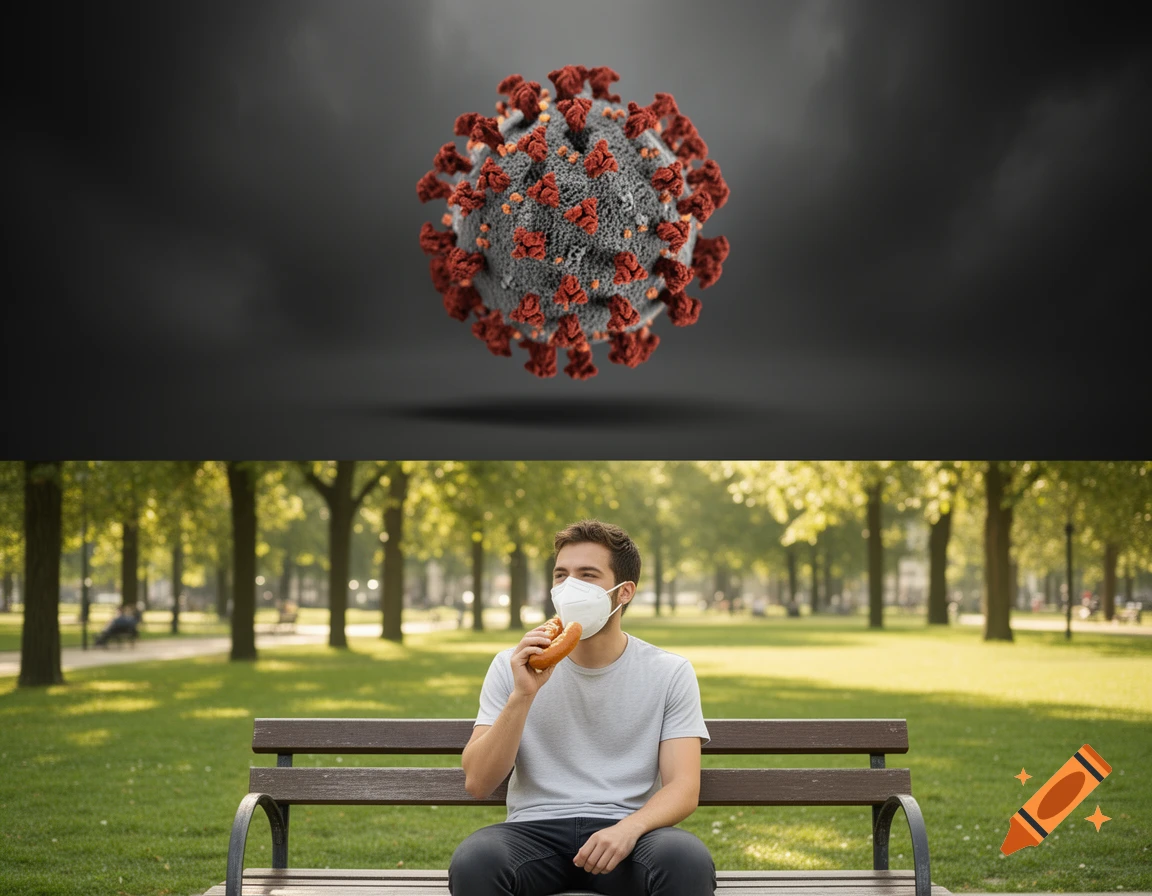 A 3D model of the coronavirus floats above a man on a park bench, wearing a mask pulled down, eating a bratwurst.