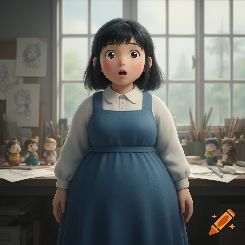 A 3D rendered anime girl with short black hair and a blue dress stands in an art studio, looking surprised with a very round belly.