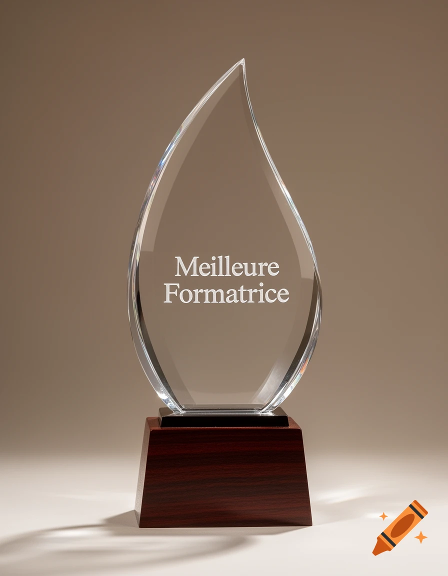 Modern crystal flame trophy engraved with 'Meilleure Formatrice' on a dark wood base, studio product shot.