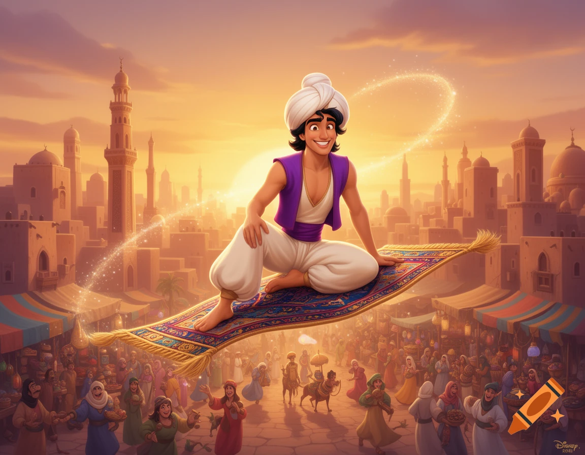 Aladdin smiles while flying on a magic carpet over a vibrant Middle Eastern city and bustling market at sunset, in a Disney animation style.