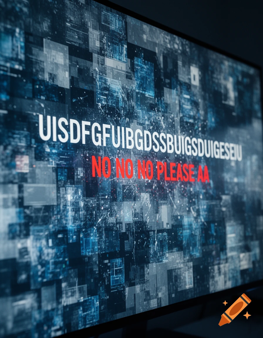 Screen shows abstract blue and grey digital circuit patterns with white random text and red text 'NO NO NO PLEASE AA'.