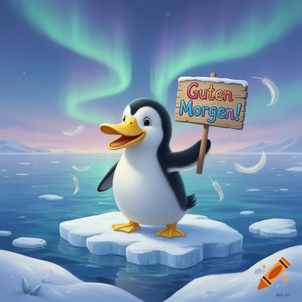 A cute cartoon penguin with a yellow beak and feet stands on an ice floe, holding a wooden sign that says "Guten Morgen!" under the aurora borealis.