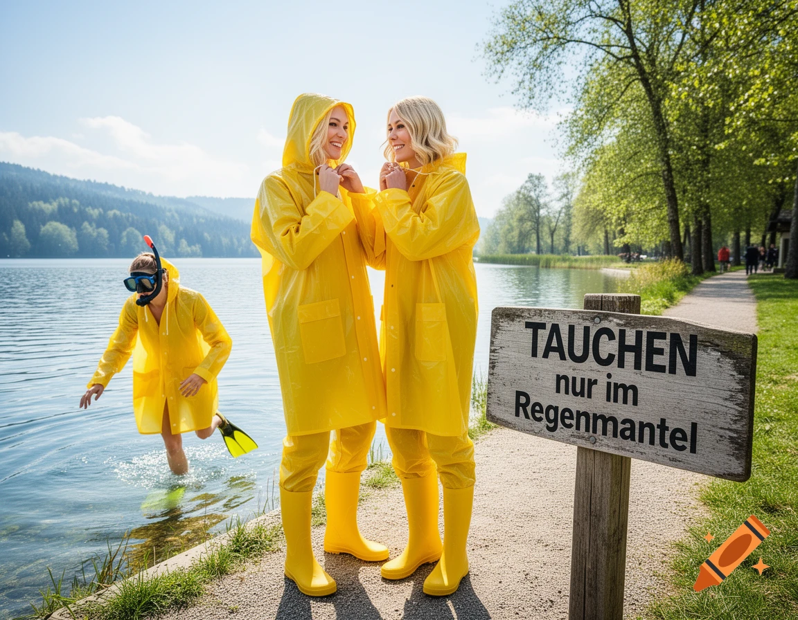 Three women in yellow raincoats and boots by a sunny lake. Two stand, one wades in with snorkel and fins. A sign is visible.