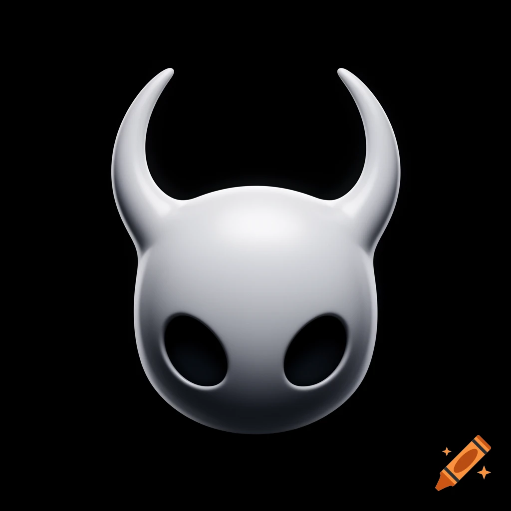 A stylized white mask with two horns and dark eyeholes, resembling the Hollow Knight character, on a black background.