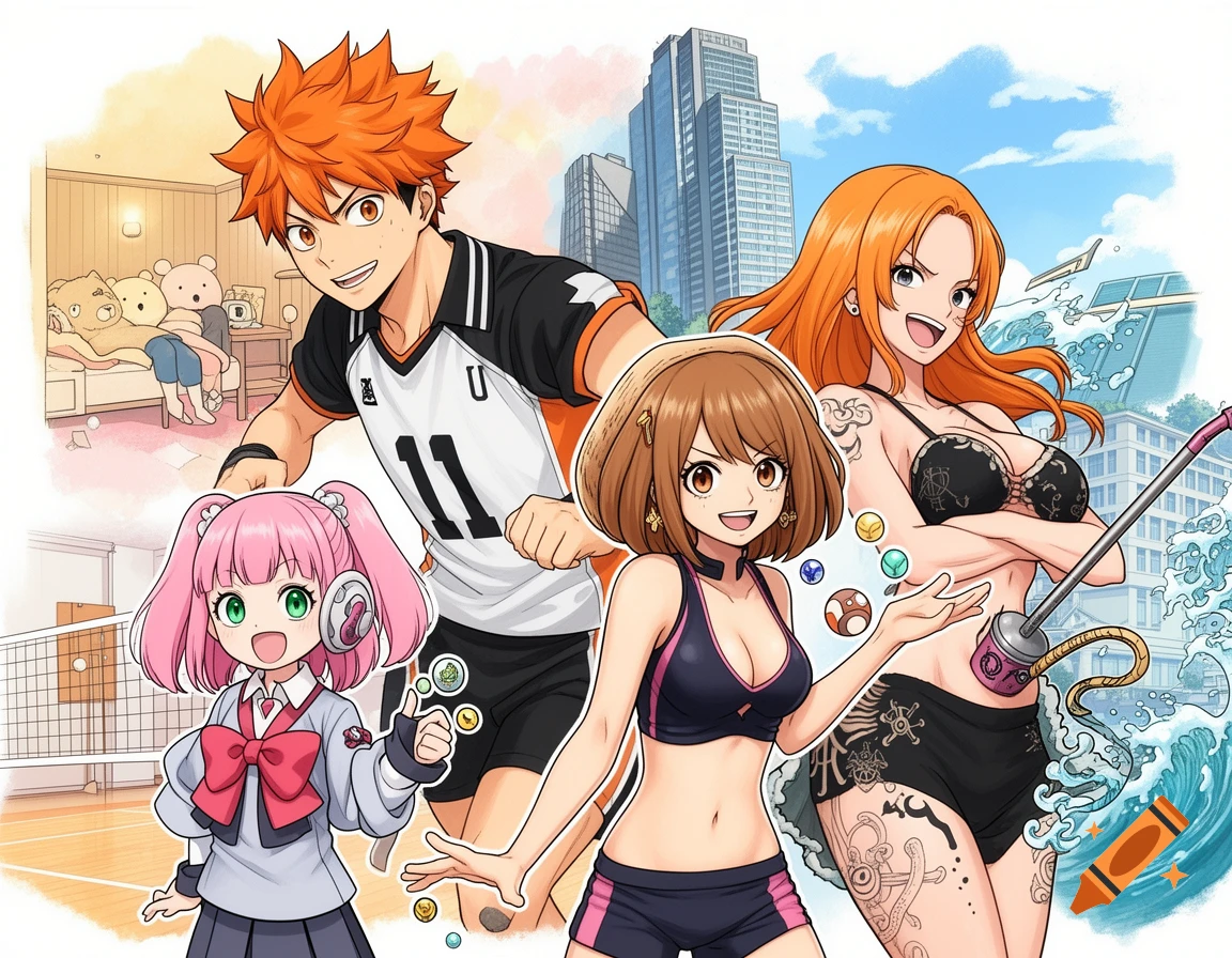 Four anime characters: Shoyo Hinata in a volleyball jersey, Anya Forger in a school uniform, Ochaco Uraraka in a sports bra, and Nami in a bikini, against mixed backgrounds of a volleyball court, bedroom, and city/ocean.