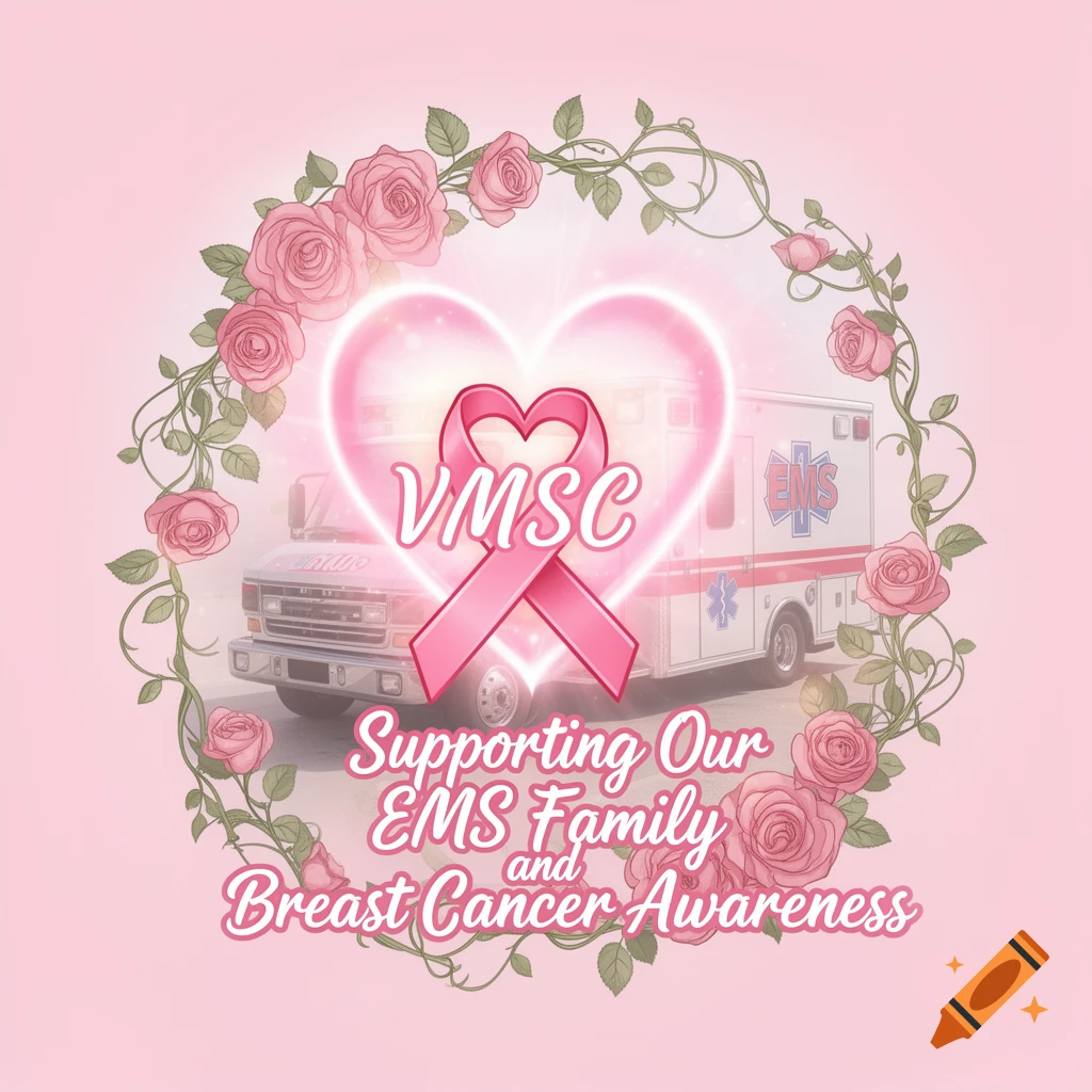 A pink heart with a breast cancer awareness ribbon and 'VMSC' over an ambulance, surrounded by roses, with text 'Supporting Our EMS Family and Breast Cancer Awareness'.