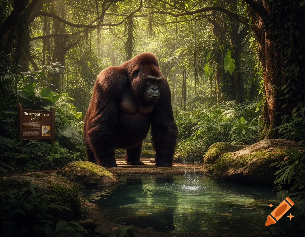 A large gorilla-like creature stands near a pool of water in a lush, sun-dappled jungle, with an exhibit sign nearby.