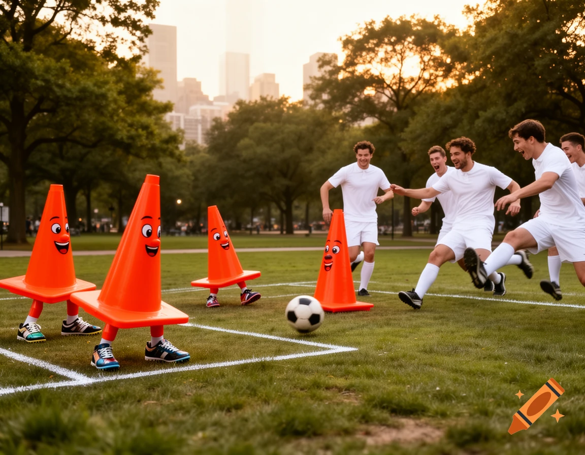 Personified orange traffic cones with faces and legs play soccer with men in white uniforms on a park field at sunset.