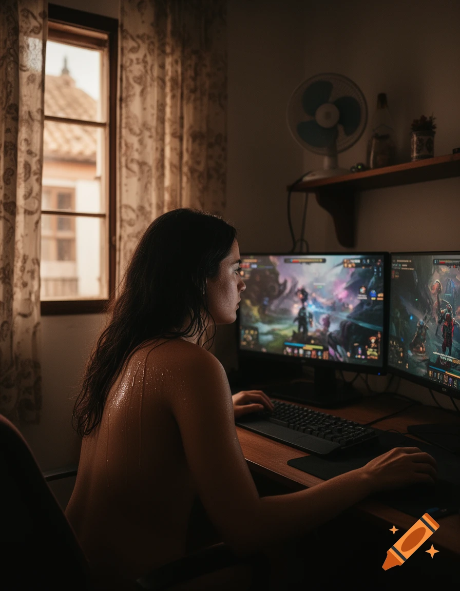 A sweaty woman playing video games on dual monitors in a dimly lit room, viewed from behind.