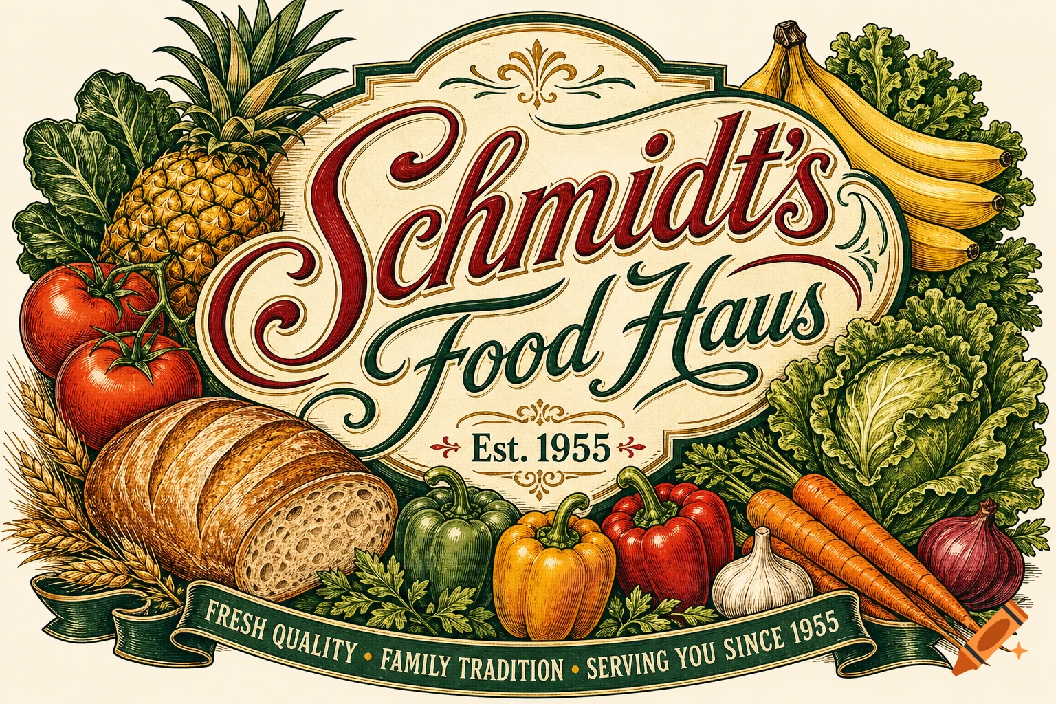 Vintage-style logo for Schmidt's Food Haus with 'Est. 1955', encircled by an assortment of fresh fruits, vegetables, and bread.