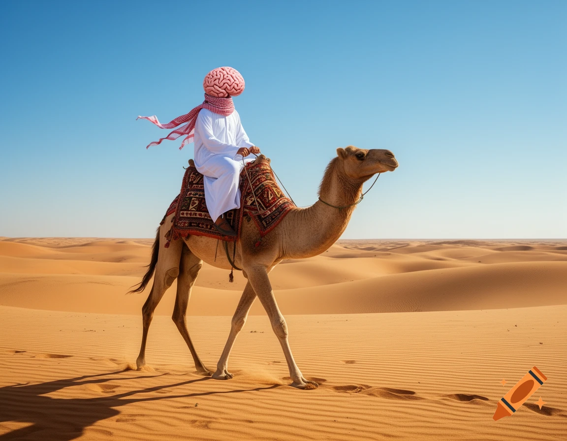 A surreal image of a brain wearing a white thobe and red-and-white shamagh, riding a camel across a vast golden desert under a clear blue sky.