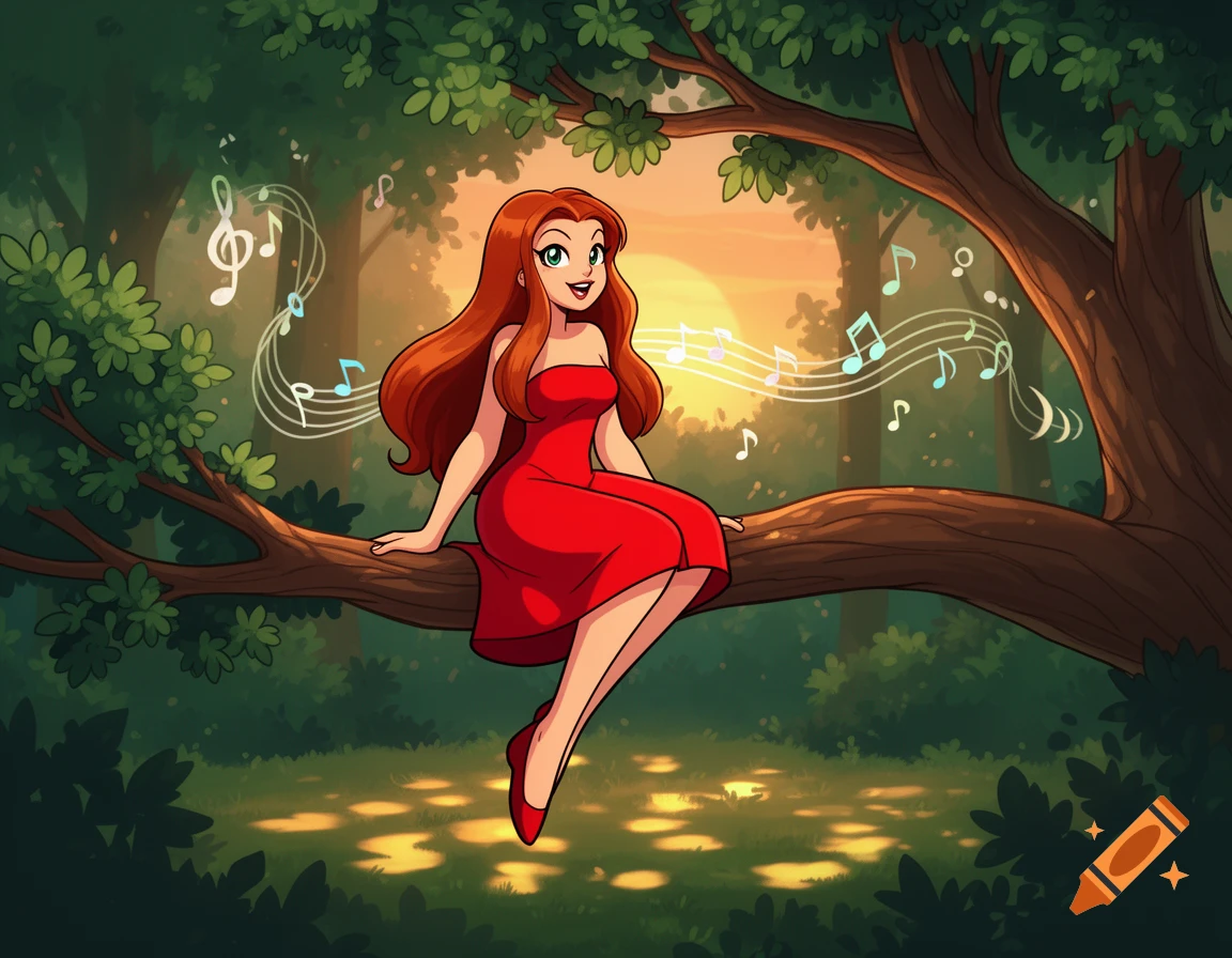 A cartoon girl with long red hair and a red dress sits on a tree branch in a sunlit forest, surrounded by musical notes.
