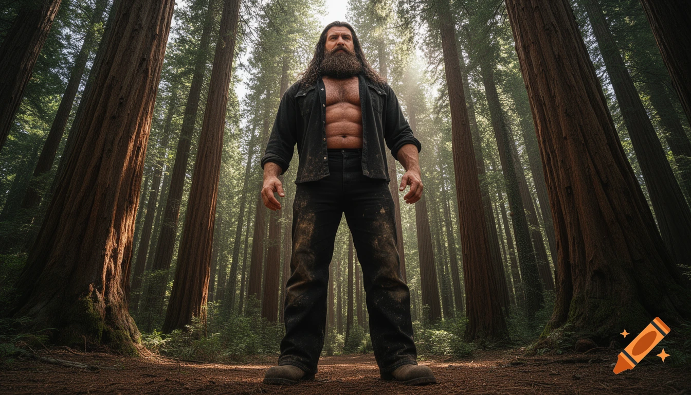 A muscular, bearded man in an open black shirt stands towering over the camera in a sunlit redwood forest.