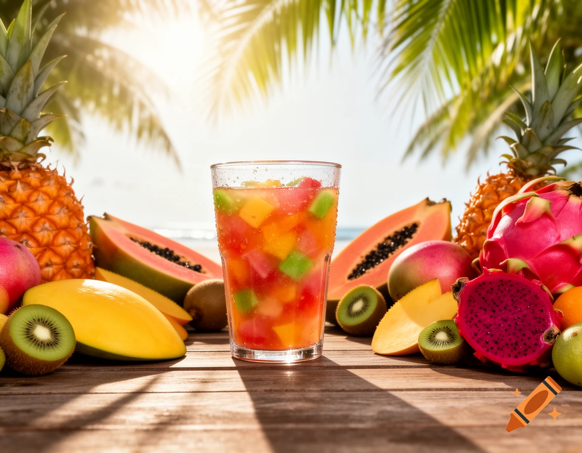 A glass of colorful fruit juice surrounded by various tropical fruits on a wooden table in a sunny, palm-lined setting.