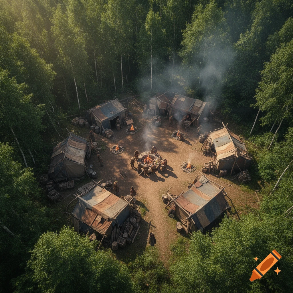 Aerial view of a rustic encampment in a forest clearing, with multiple canvas tents and people gathered around several campfires creating smoke.