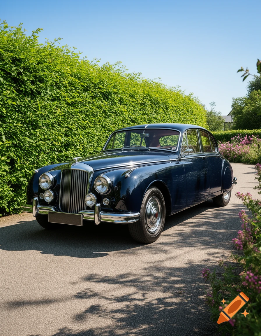 A shiny dark blue vintage car with chrome details is parked on a paved driveway next to a tall green hedge and pink flowering bushes under a clear blue sky.
