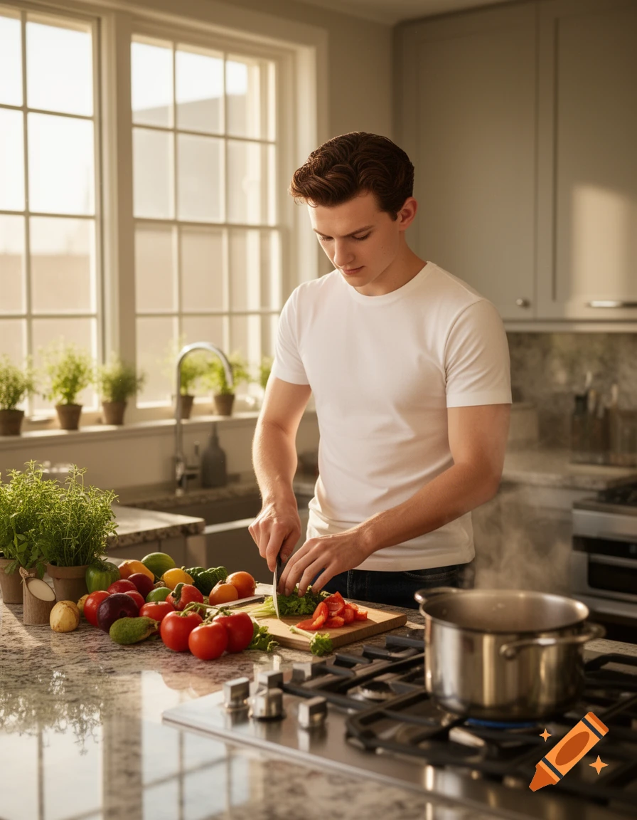 A young man with brown hair in a white t-shirt chops vegetables on a wooden cutting board in a sunny kitchen, with a pot simmering on the stove.