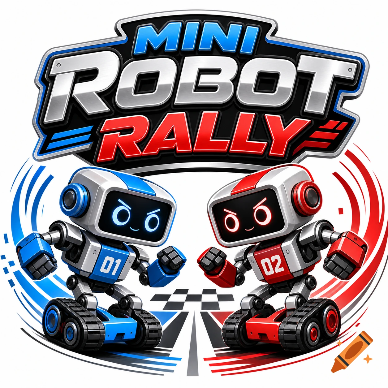 A stylized logo with two cartoonish mini robots, one blue with '01' and one red with '02', on a checkered start line, text 'MINI ROBOT RALLY' above.