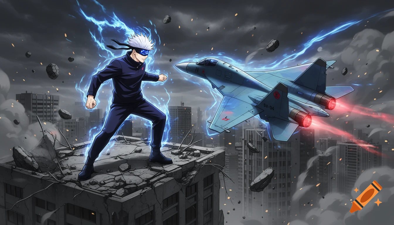 Anime character Gojo Satoru with blue energy stands on a damaged building, facing a fighter jet with red exhaust in a destroyed city.