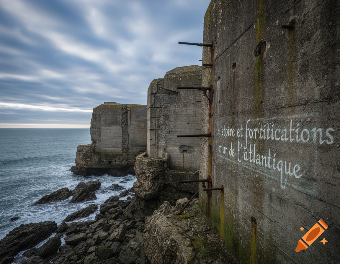 Concrete bunkers on a rocky coastline, with 'Histoire et fortifications mur de l'Atlantique' painted on the wall, under a cloudy sky.