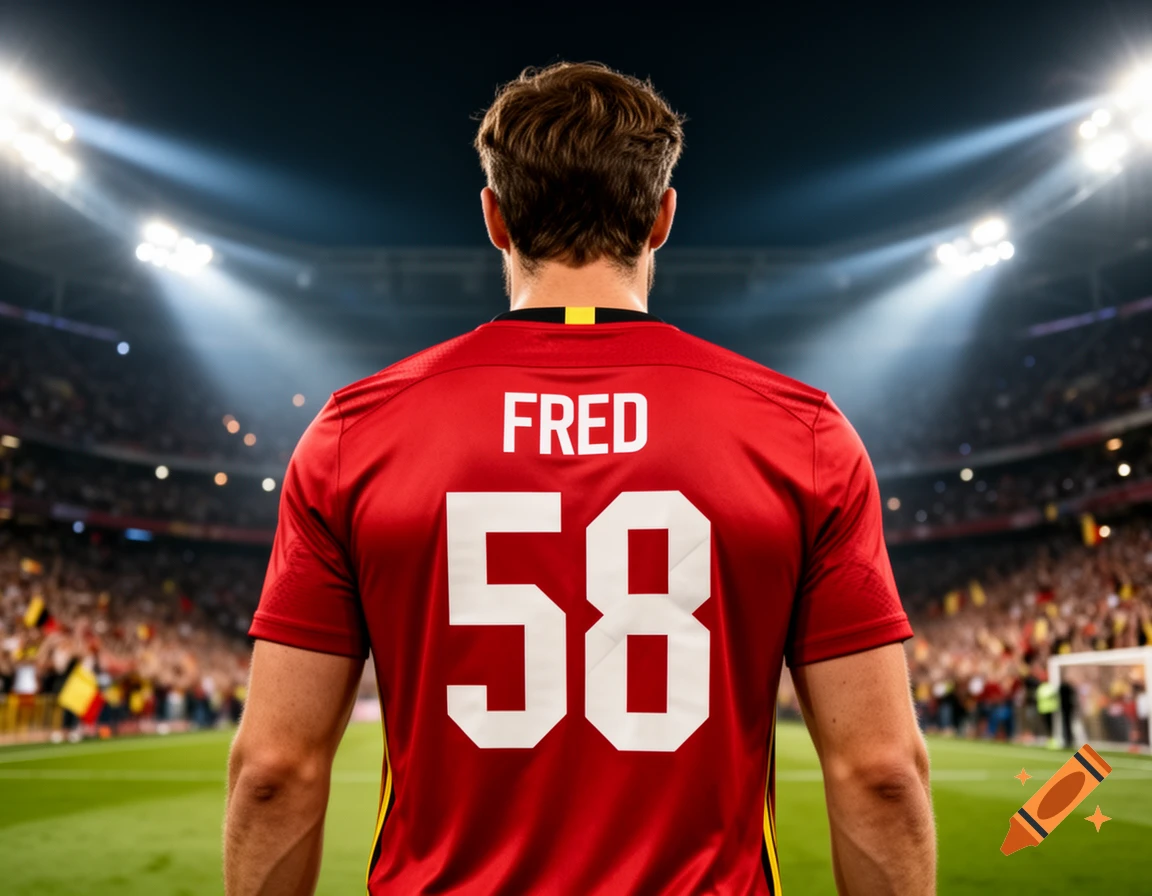 A brunette man seen from behind, wearing a red football jersey with 'FRED' and '58' on the back, in a brightly lit stadium.