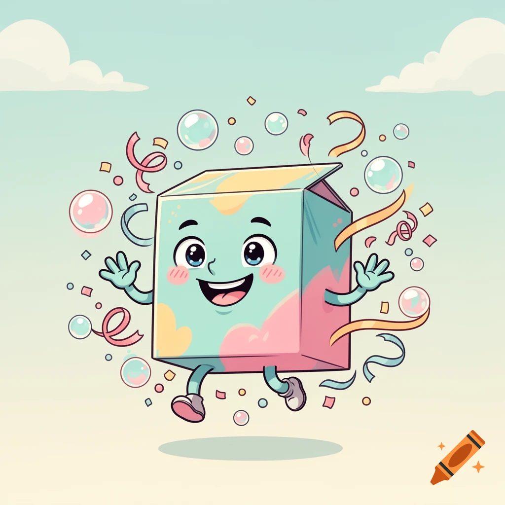 A cute, smiling cartoon box with confetti and bubbles floats in a pastel sky.