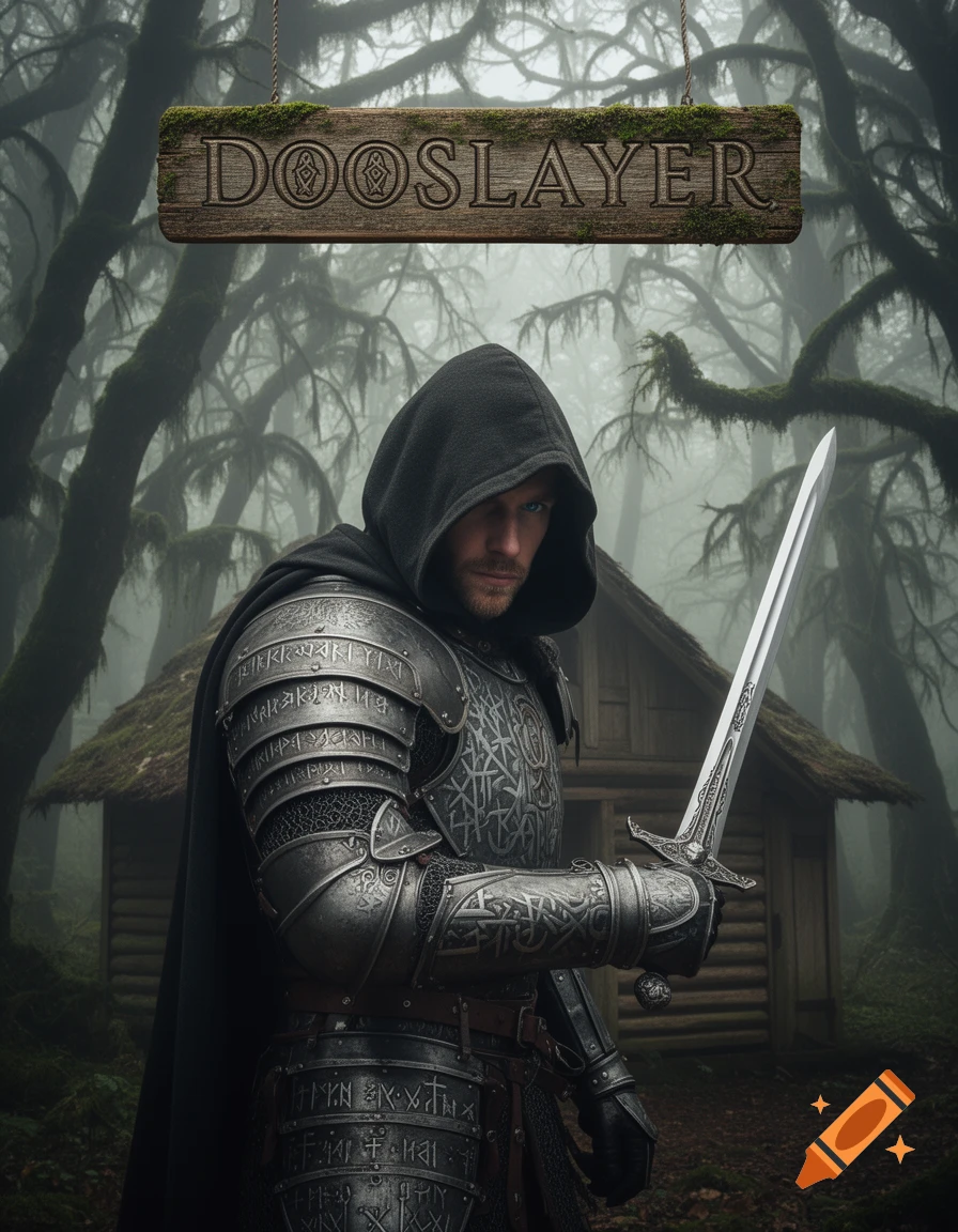 A hooded warrior in dark armor holds a sword in a misty forest. A wooden sign above reads 'DOOSLAYER'.