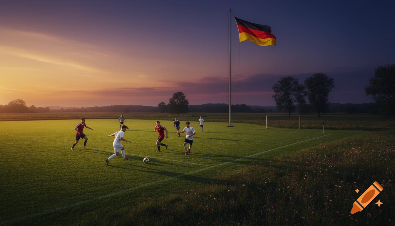 A scenic wide shot of a soccer game on a green pitch with a German flag flying high during a vibrant sunset.