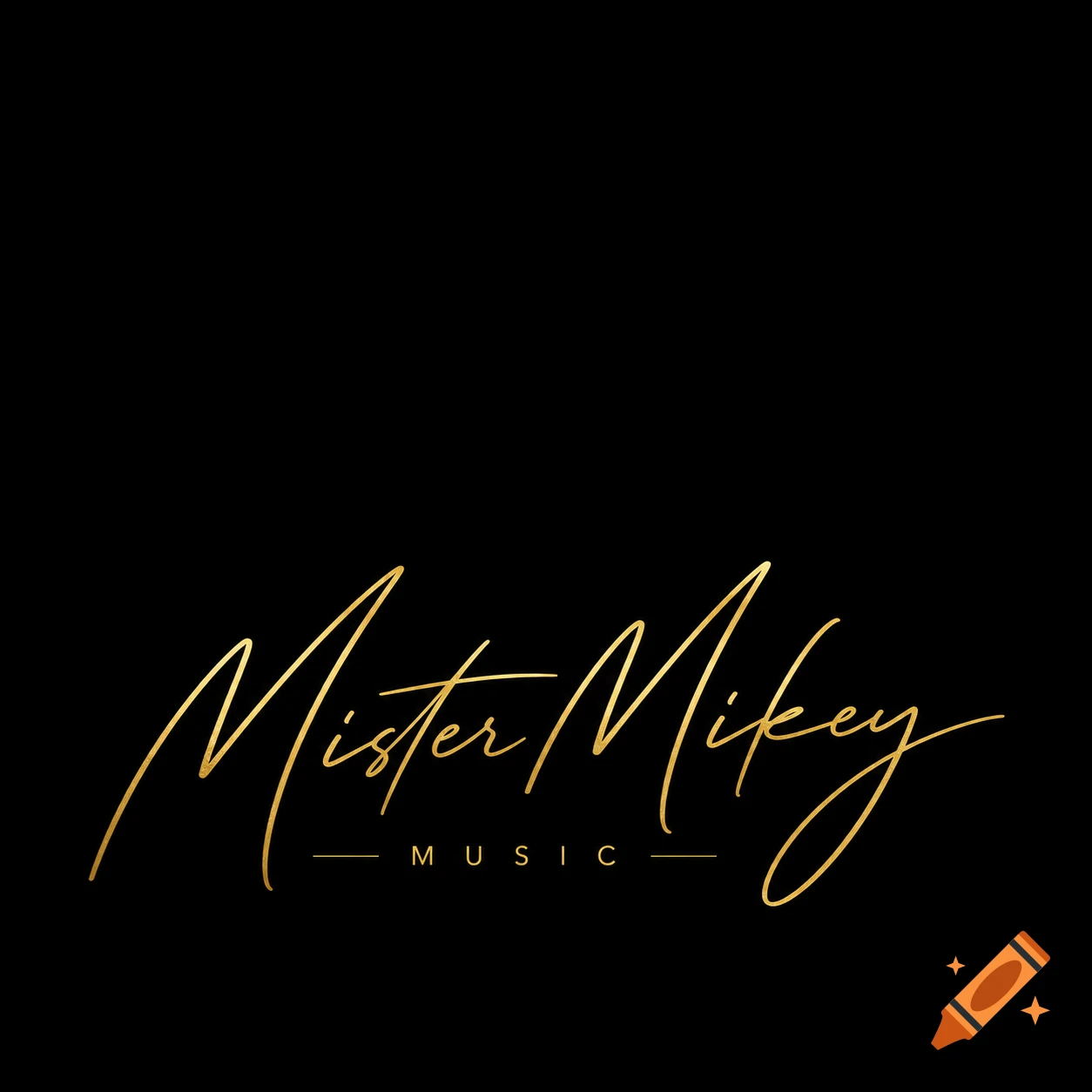 A minimalist luxury music logo with "Mister Mikey" in golden handwritten script and "MUSIC" in small, spaced modern font on a black background.
