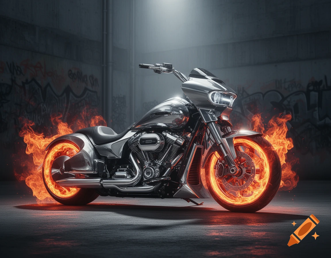 A gleaming chrome motorcycle with wheels ablaze with fire, parked in a dark, graffiti-covered alley.